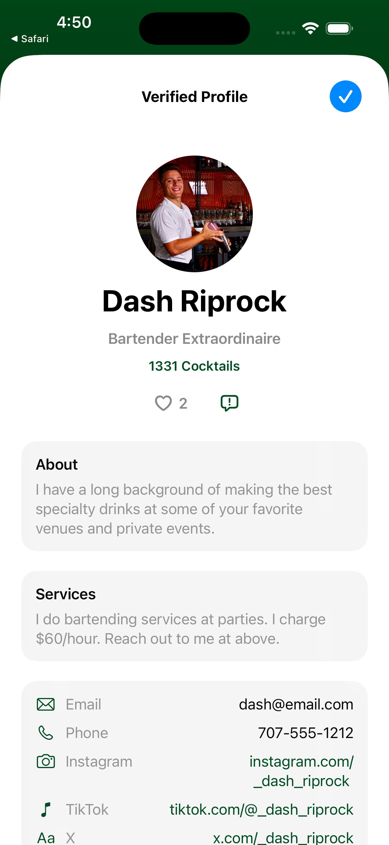 Verified bartender profile
