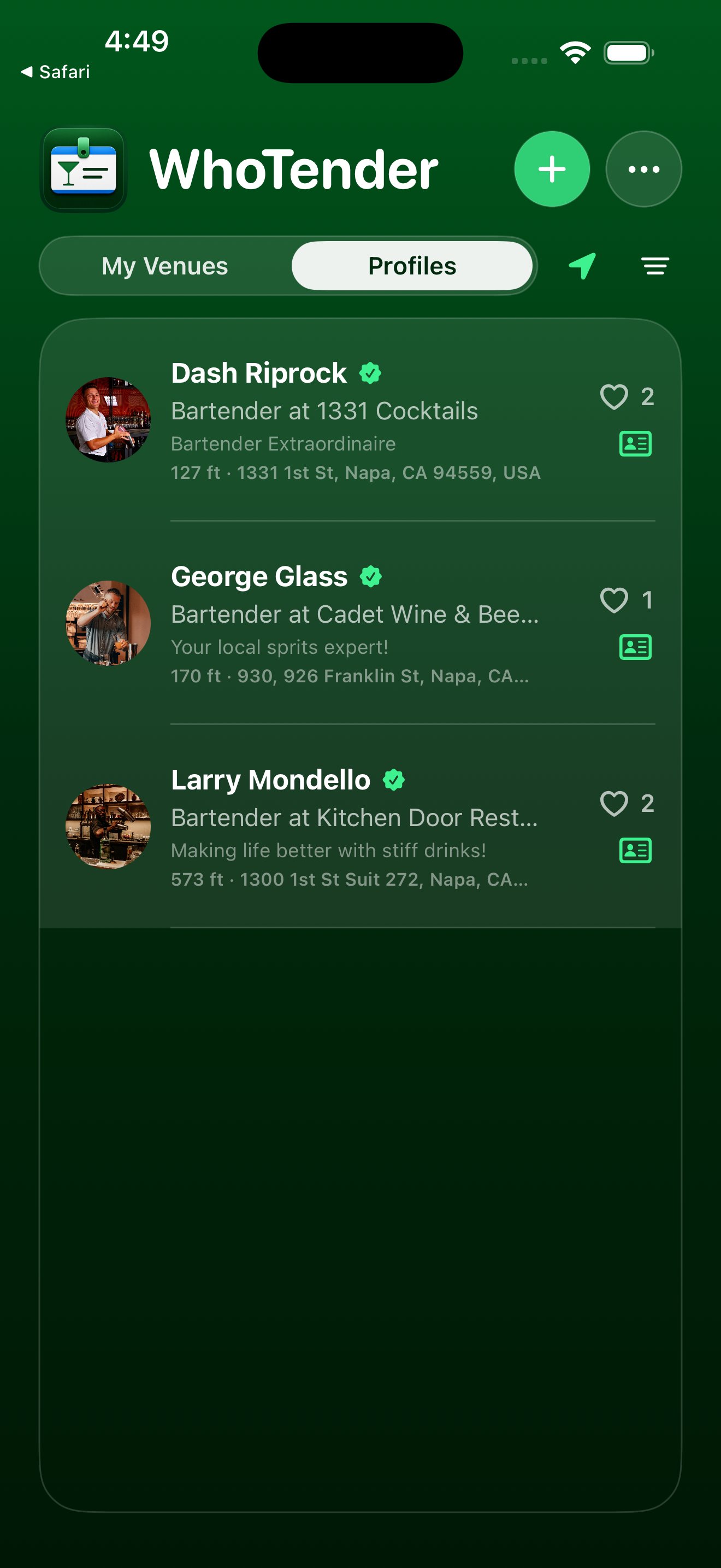 Profiles tab with nearby bartenders