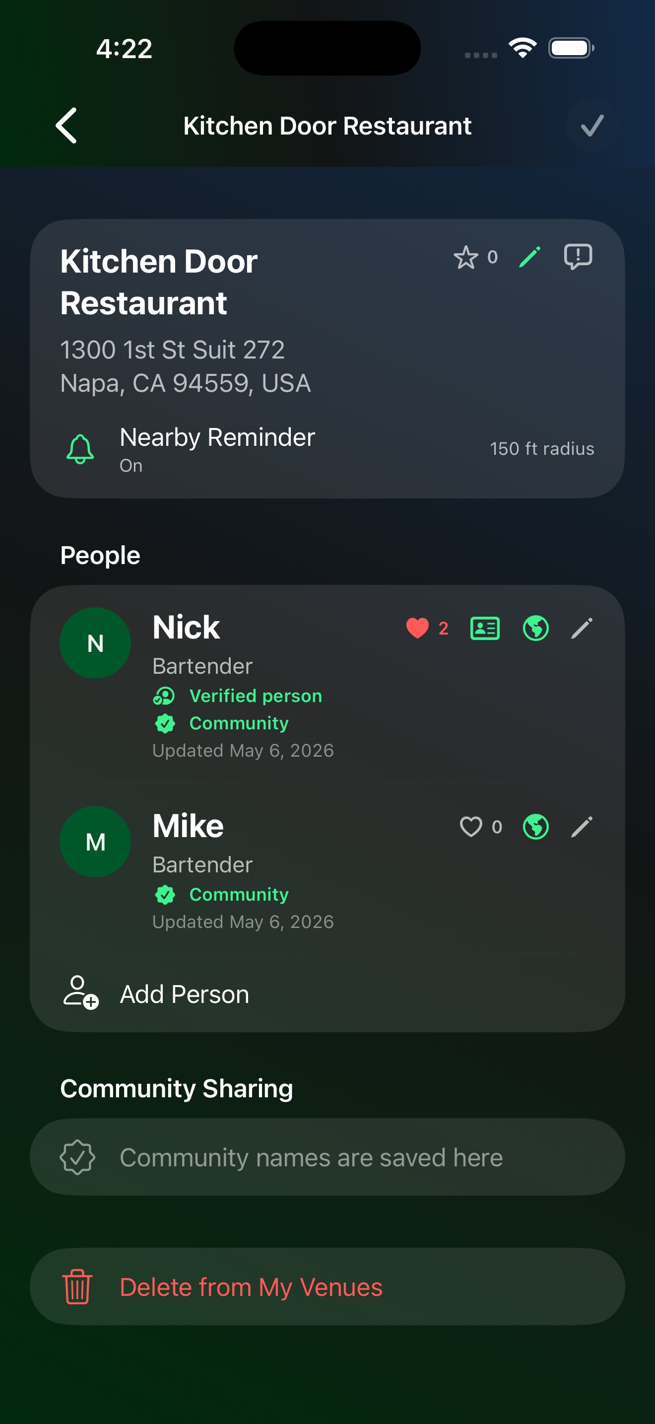 Venue detail showing verified staff members Nick and Mike